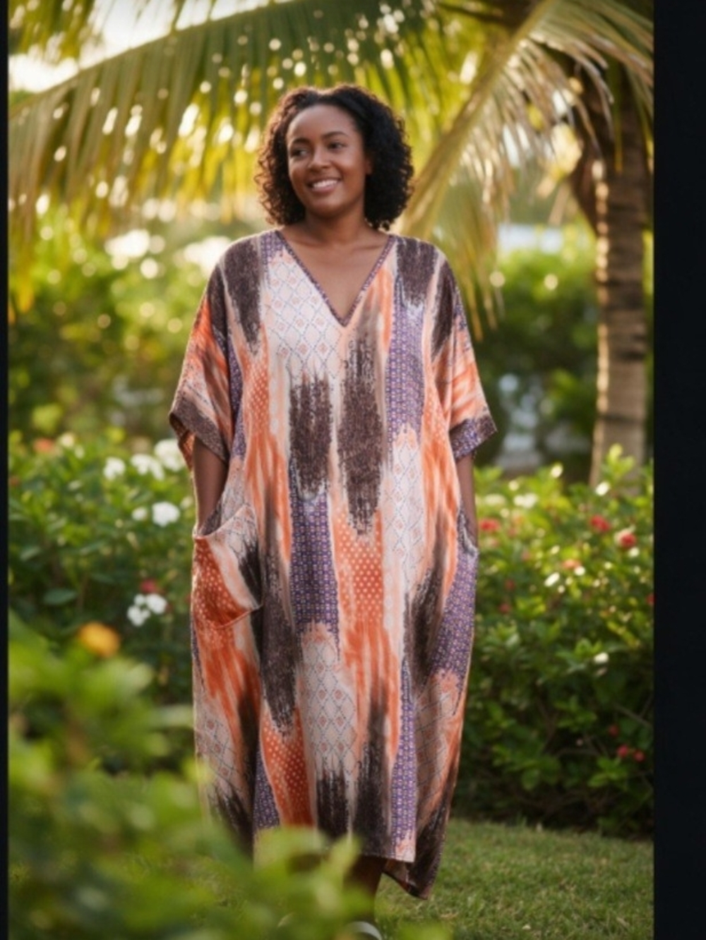 Women's V-Neck Swim Cover-Up Caftan in Orange and Purple FREE Earrings Inc